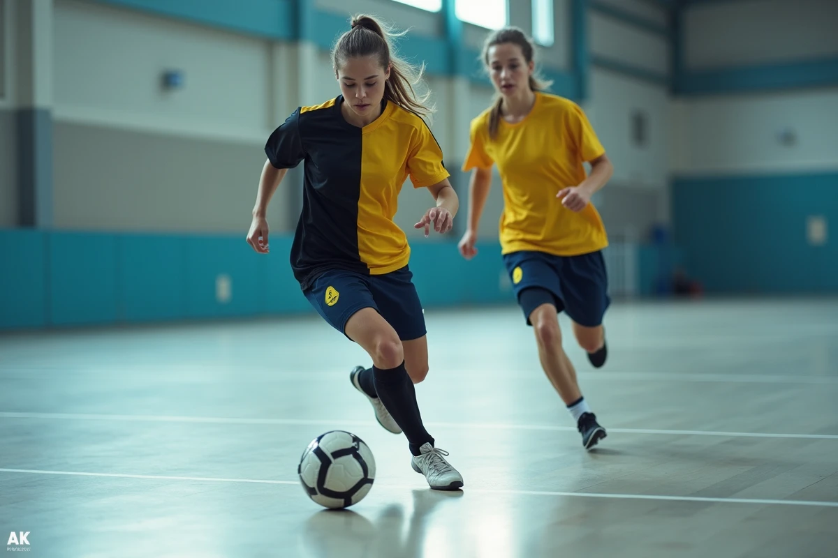 Joueuse adulte en action lors d'un match de futsal loisir dans une salle de sport des Yvelines, affiliée FFF