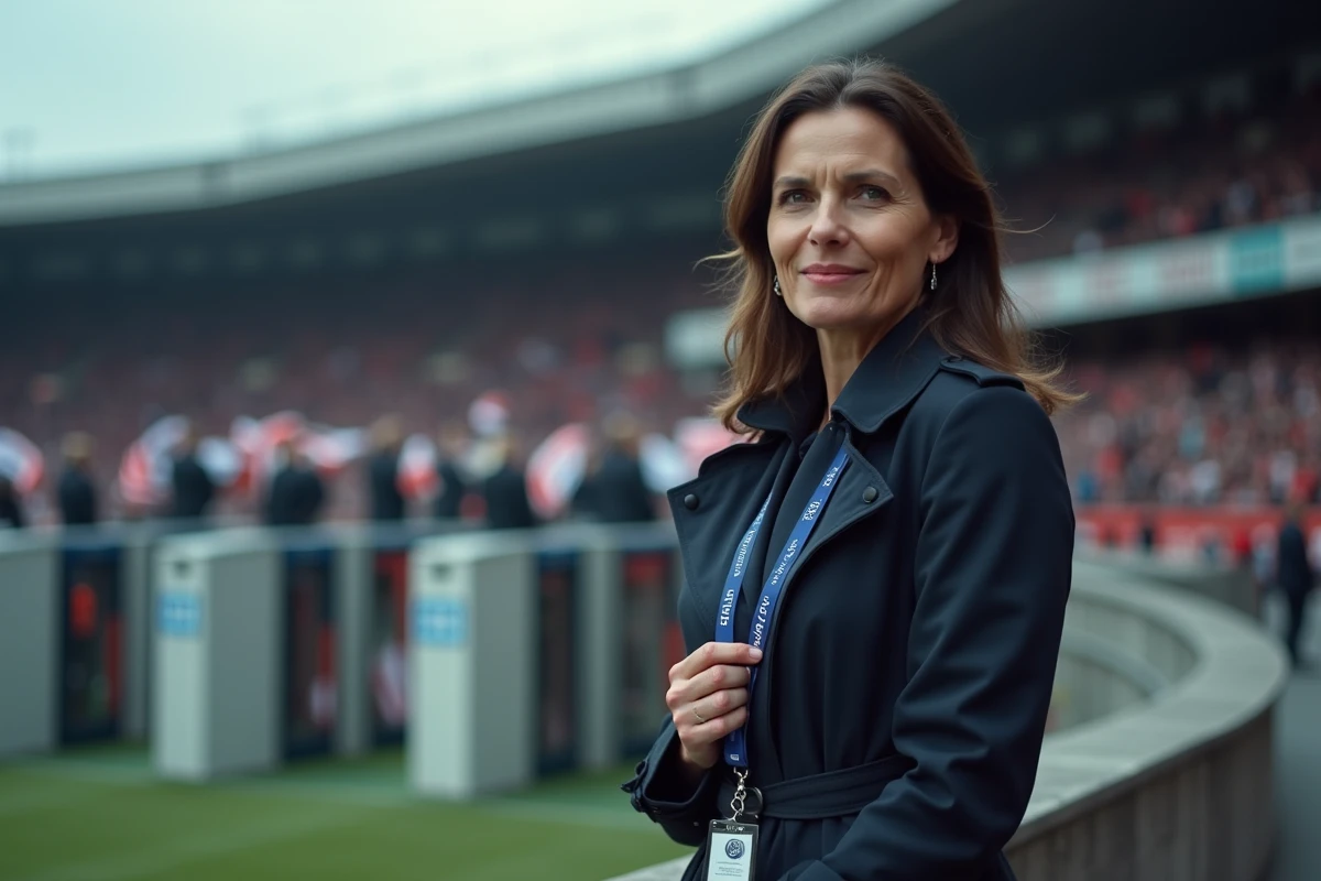 Femme journaliste sportive devant un stade de football tenant un badge de presse, ambiance reportage éditorial