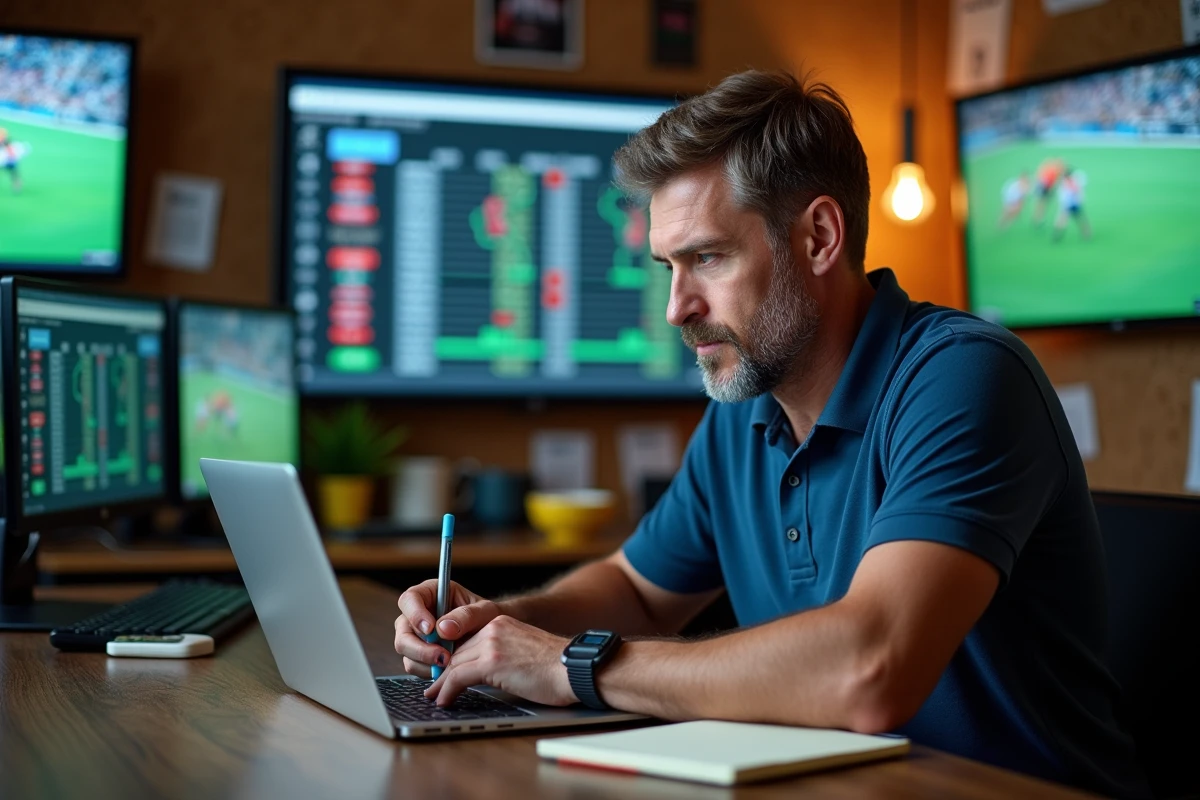 Journaliste rugby en action avec ordinateur et notes