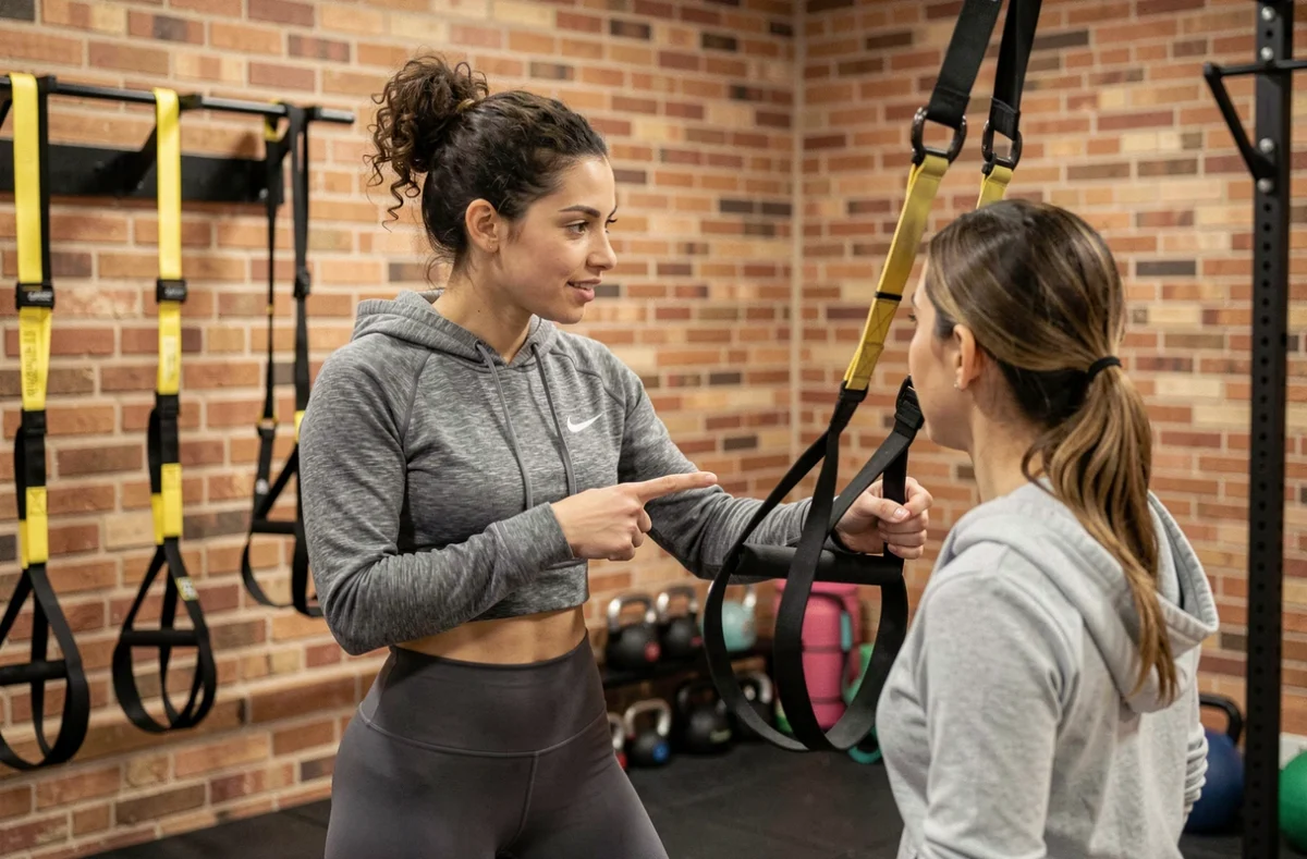 Justine Porquet, coach sportive à Roubaix, guidant une cliente lors d'un exercice de TRX en salle
