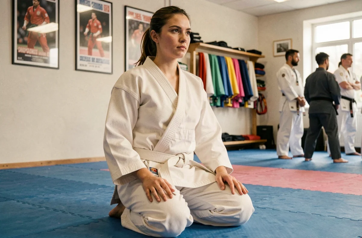 Femme pratiquante de jiu jitsu en kimono blanc agenouillée sur tatami dans un dojo de loisir