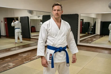 Homme adulte portant un kimono de jiu jitsu blanc avec ceinture bleue sur un tatami de club de sport