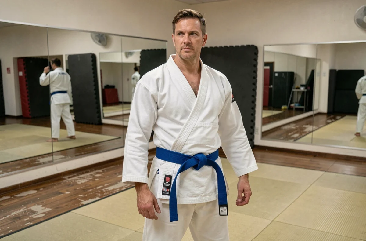 Homme adulte portant un kimono de jiu jitsu blanc avec ceinture bleue sur un tatami de club de sport