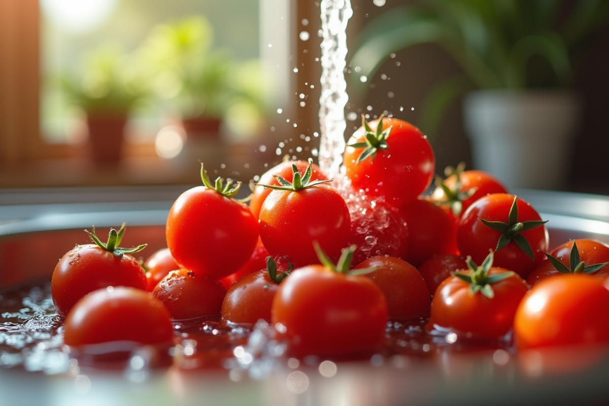 Rincer des tomates cerises sous l