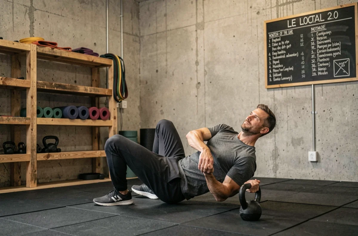 Homme exécutant un Turkish get-up au kettlebell dans la salle Le Local 2.0 à Besançon