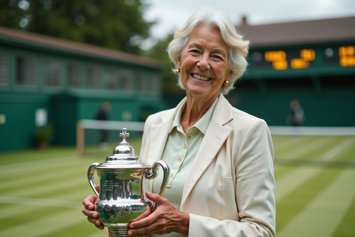 Légende du tennis retraitée souriante avec trophée en main