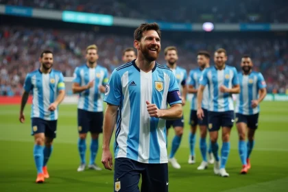 Lionel Messi en célébration avec ses coéquipiers sur le terrain