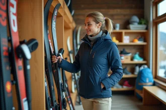 Femme adulte en magasin de location de ski examinant une patinette ski, comparant les prix et les modèles disponibles