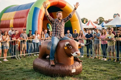 Homme souriant sur un taureau mécanique gonflable lors d'un festival estival en plein air, entouré de spectateurs derrière des barrières de sécurité