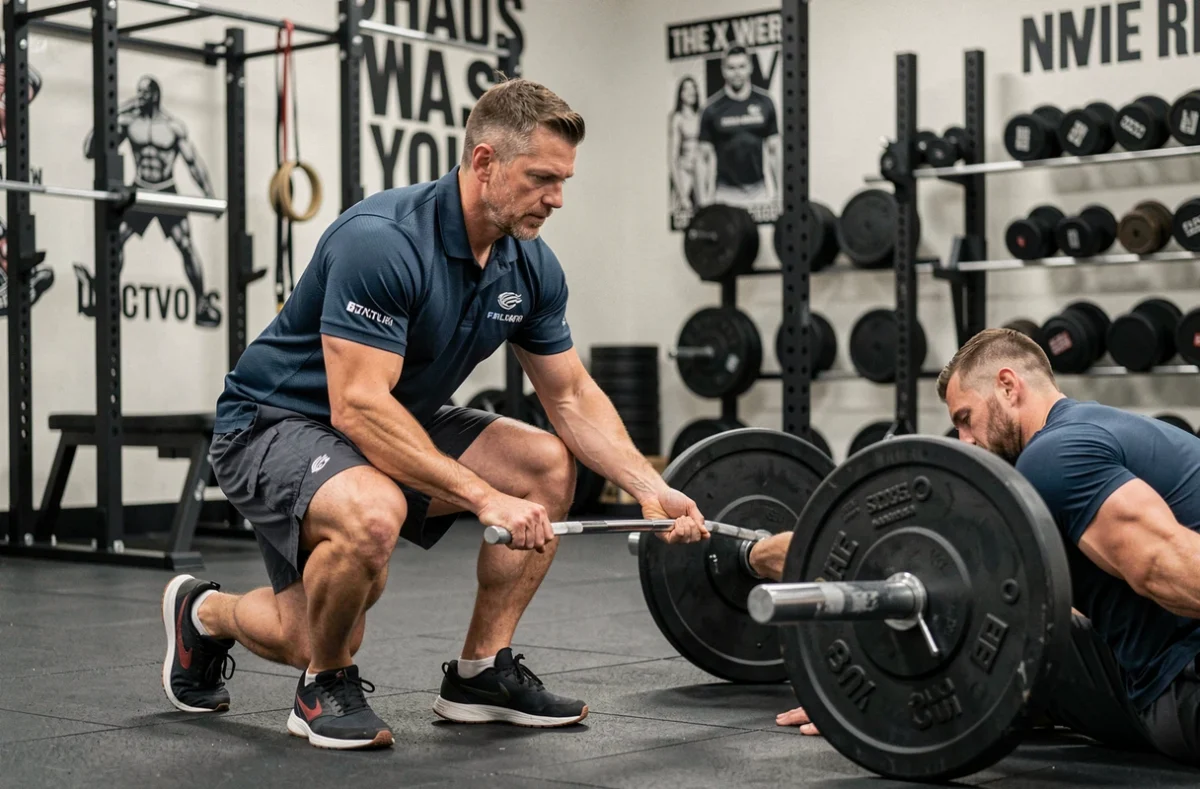 Coach sportif LS Fitness guidant un client lors d'un exercice de soulevé de terre en salle de fitness