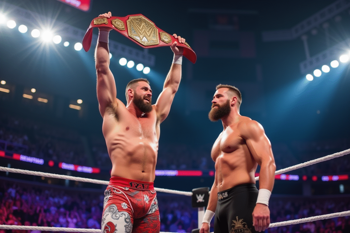 Deux lutteurs professionnels dans un ring vibrant un champion brandissant la ceinture