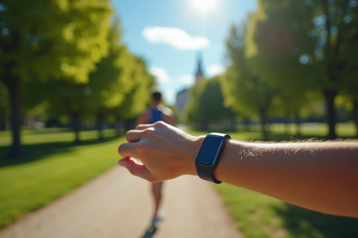 Personne marchant dans un parc avec un bracelet connecté