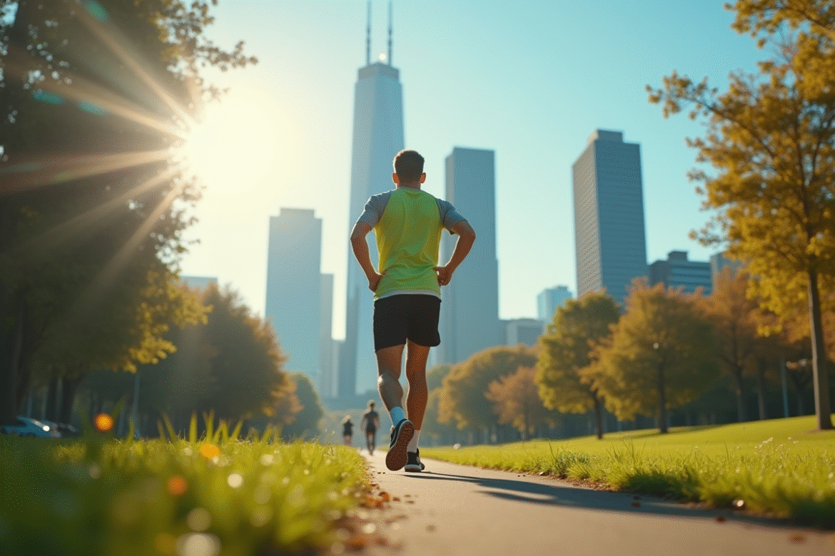 Jeune homme en sport marche dans un parc urbain ensoleille