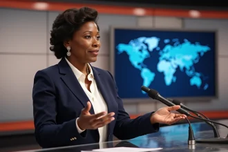 Journaliste et présentatrice Black française en blazer marine donnant une intervention télévisée dans un studio de chaîne d'information