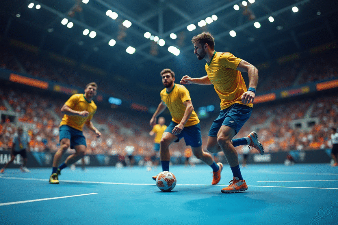 Match de handball intense en salle moderne avec joueurs en mouvement