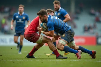 Plaquage intense lors d'un match de rugby Fédérale 2 entre deux équipes amateurs sur un terrain herbeux