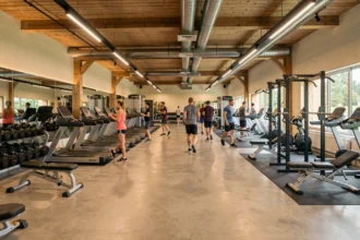 Vue d'ensemble d'une salle de sport moderne dans le Doubs avec différentes zones d'entraînement
