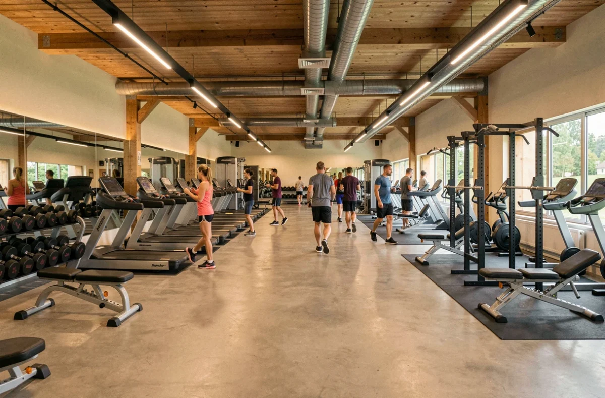Vue d'ensemble d'une salle de sport moderne dans le Doubs avec différentes zones d'entraînement