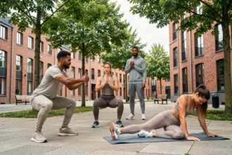 Groupe de coachs sportifs et clients s'entraînant dans un parc urbain du Nord de la France