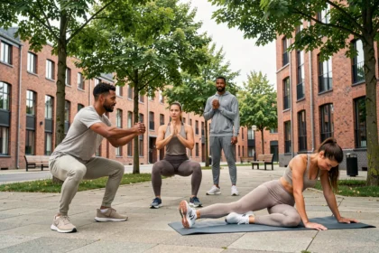 Groupe de coachs sportifs et clients s'entraînant dans un parc urbain du Nord de la France