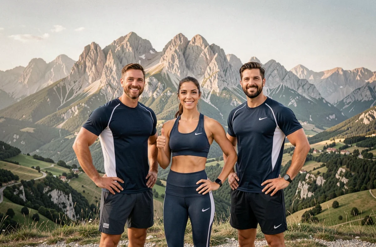 Groupe de coachs sportifs professionnels posant devant les Pyrénées-Orientales
