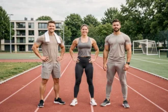 Groupe de coachs sportifs professionnels dans le Val-d'Oise devant un complexe sportif moderne