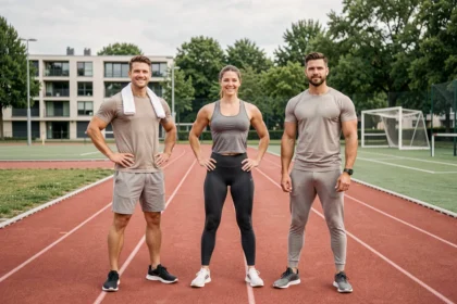 Groupe de coachs sportifs professionnels dans le Val-d'Oise devant un complexe sportif moderne