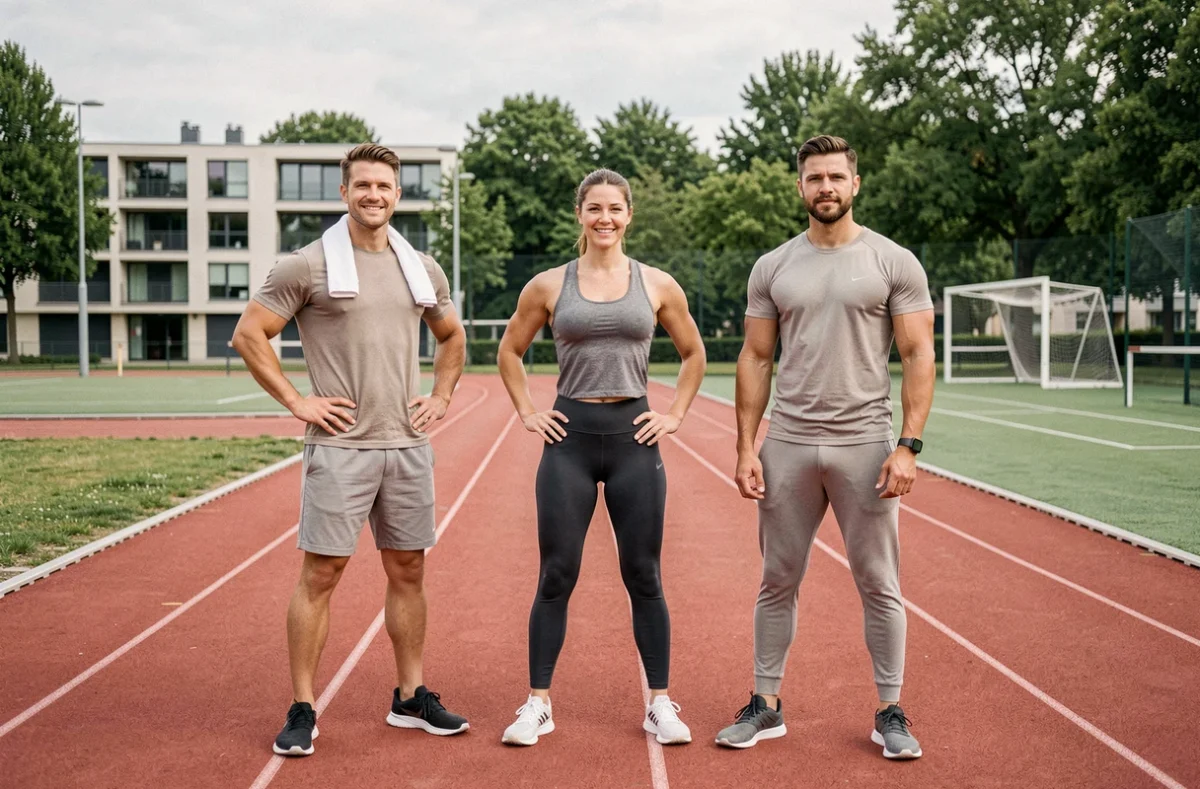 Groupe de coachs sportifs professionnels dans le Val-d'Oise devant un complexe sportif moderne