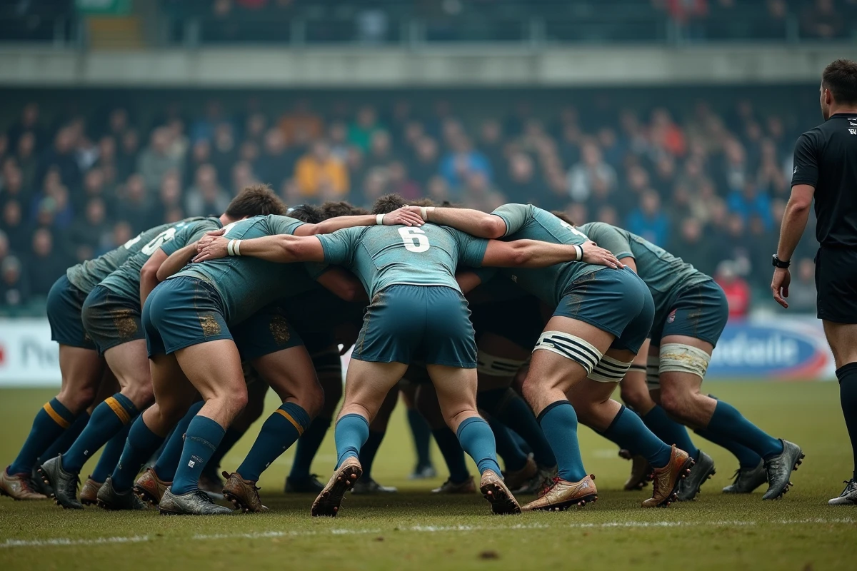 Formation de mêlée lors d'un week-end de rugby Fédérale 2 avec joueurs engagés sur terrain boueux en automne