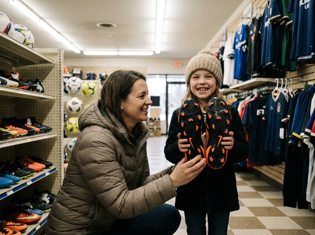 Mère et fille choisissant des chaussures de football dans un magasin de sport pendant les vacances de février