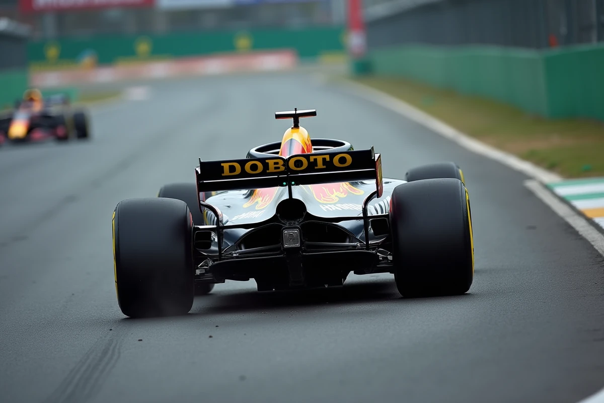 Monoplace de Formule 1 en plein virage lors d'une course du championnat 2026, vue en angle bas depuis le bord de piste