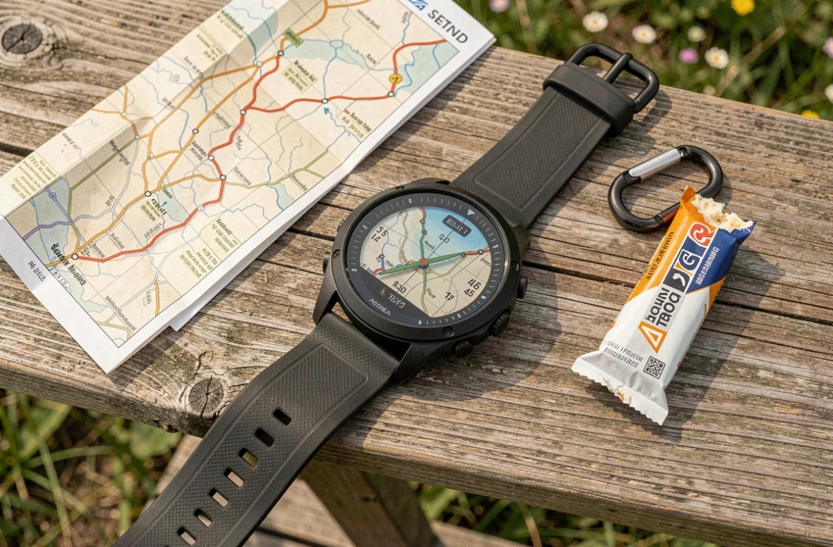 Montre GPS de randonnée posée sur une table en bois avec accessoires de trail : carte, boussole et carabiner
