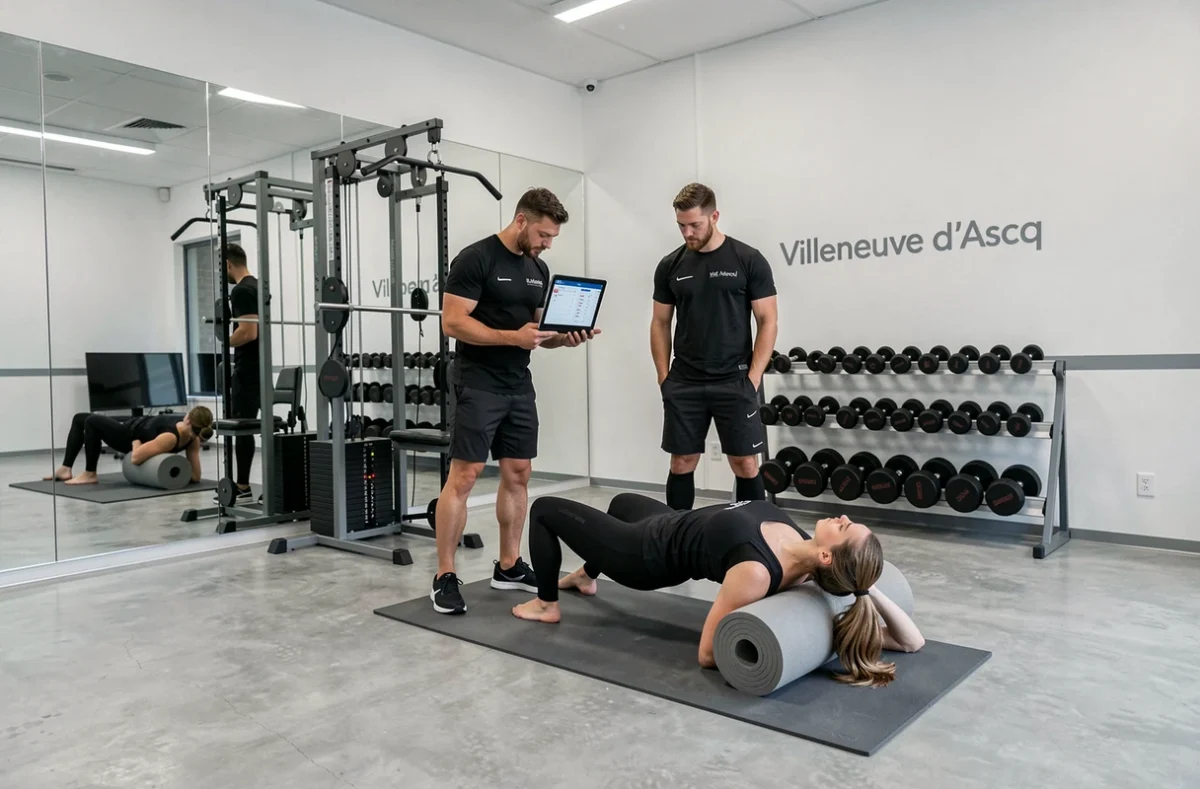 Intérieur du studio de coaching Moscion Training à Villeneuve-d'Ascq avec équipements modernes et coach