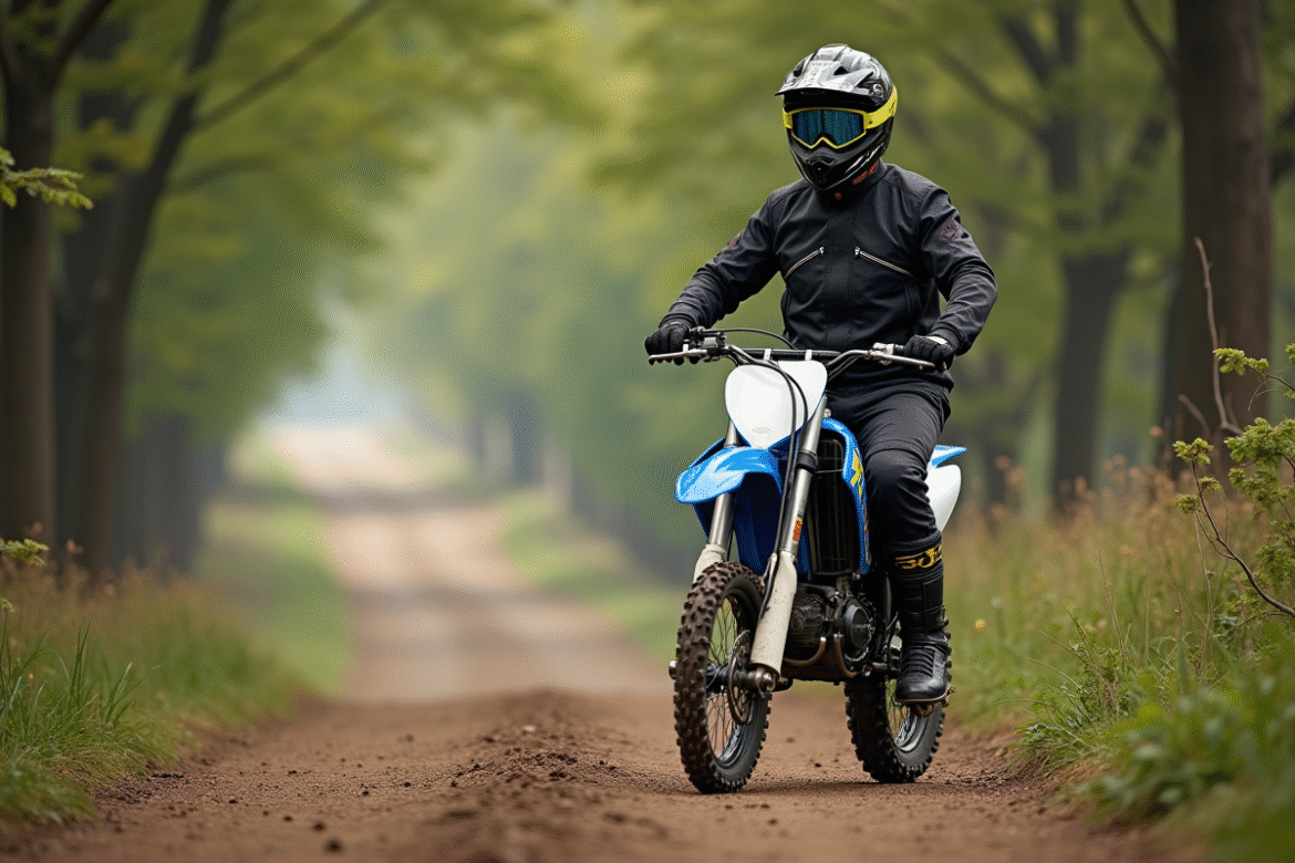 Homme en équipement motocross avec moto 50cc en nature