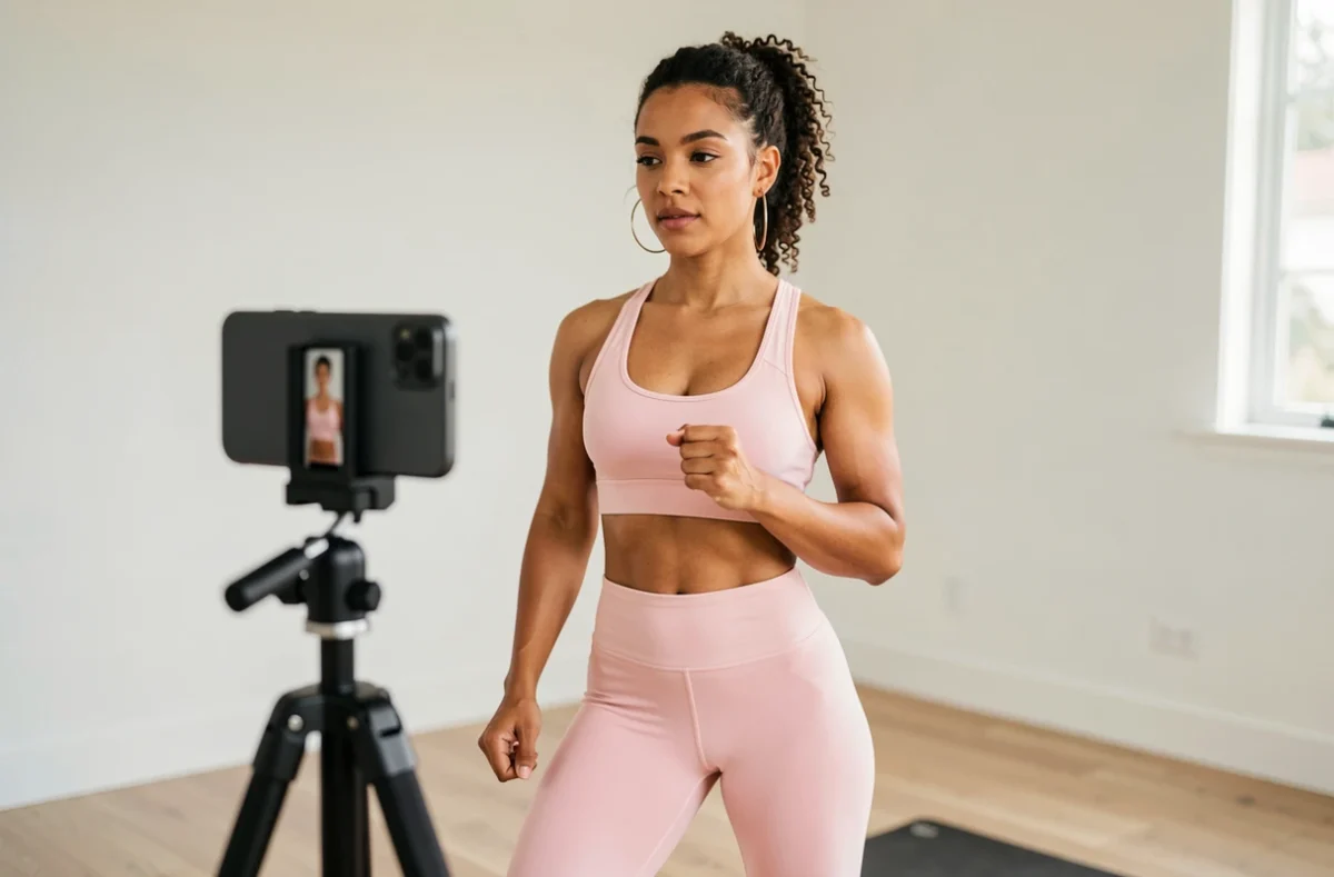 Coach fitness Nathyfitness filmant un tutoriel d'entraînement dans un espace home gym épuré