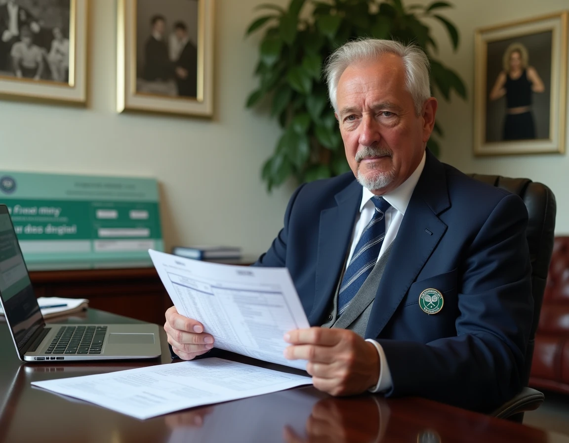 Officiel de Wimbledon consultant le tableau des gains et dotations par tour dans un bureau officiel du tournoi