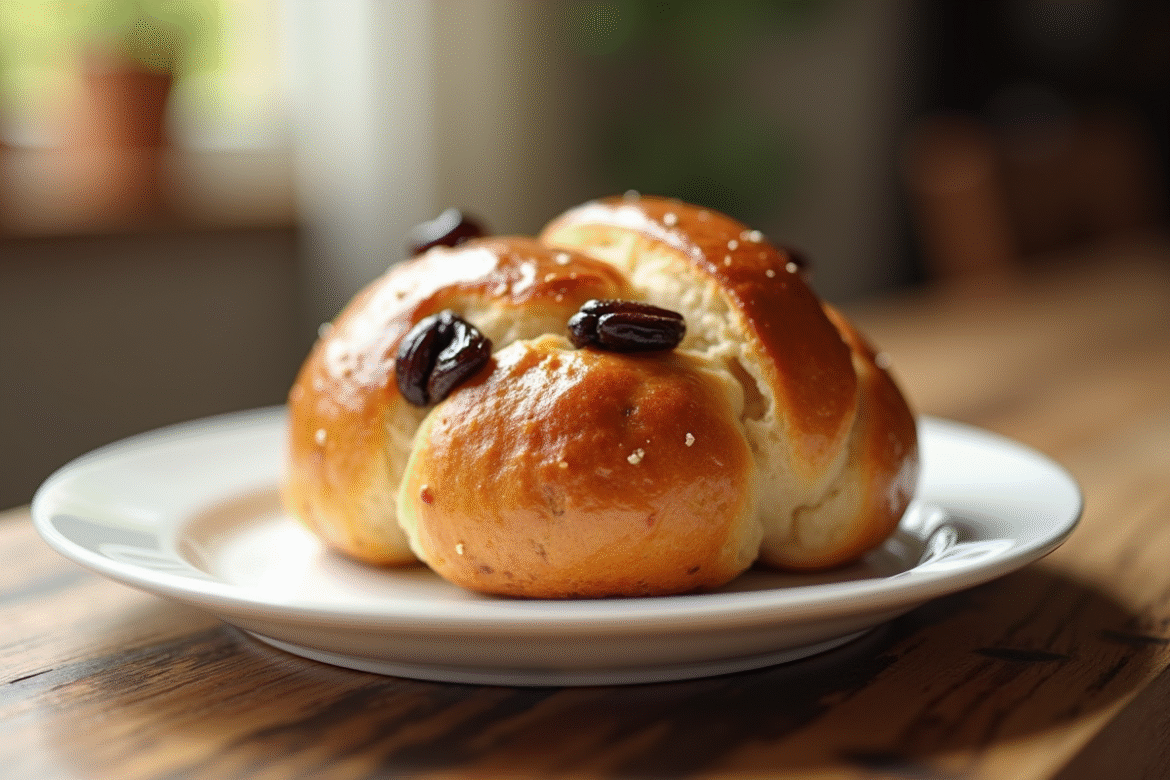 Pain aux raisins frais sur une assiette en bois