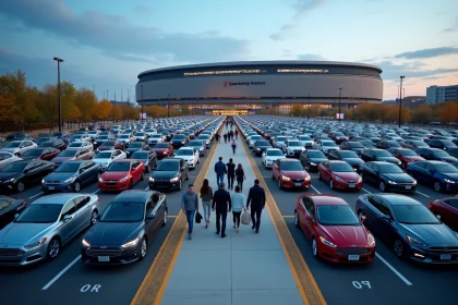 Vue aérienne du parking C4 du Stade Pierre Mauroy lors d'un soir de concert, voitures garées en rangées ordonnées avec la façade de la Decathlon Arena en arrière-plan