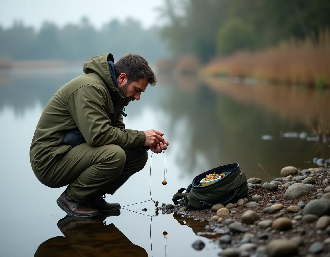 Pêcheur accroupi au bord d'un lac en train d'appâter un montage carpe avec une bouillette maison au petit matin