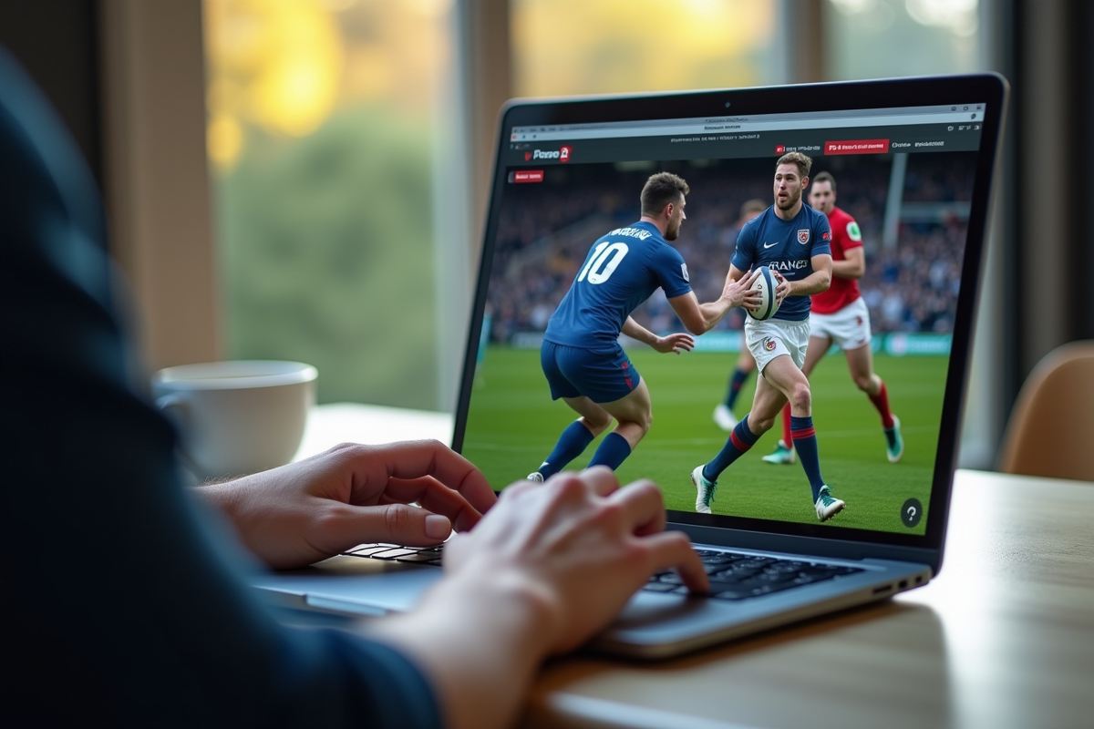 Personne utilisant un ordinateur portable pour regarder un match de rugby