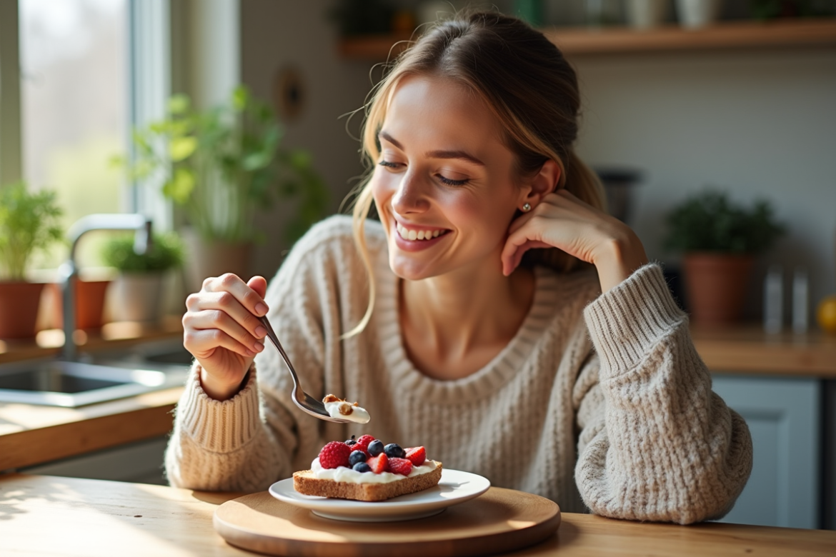 Femme souriante dégustant un petit déjeuner sain