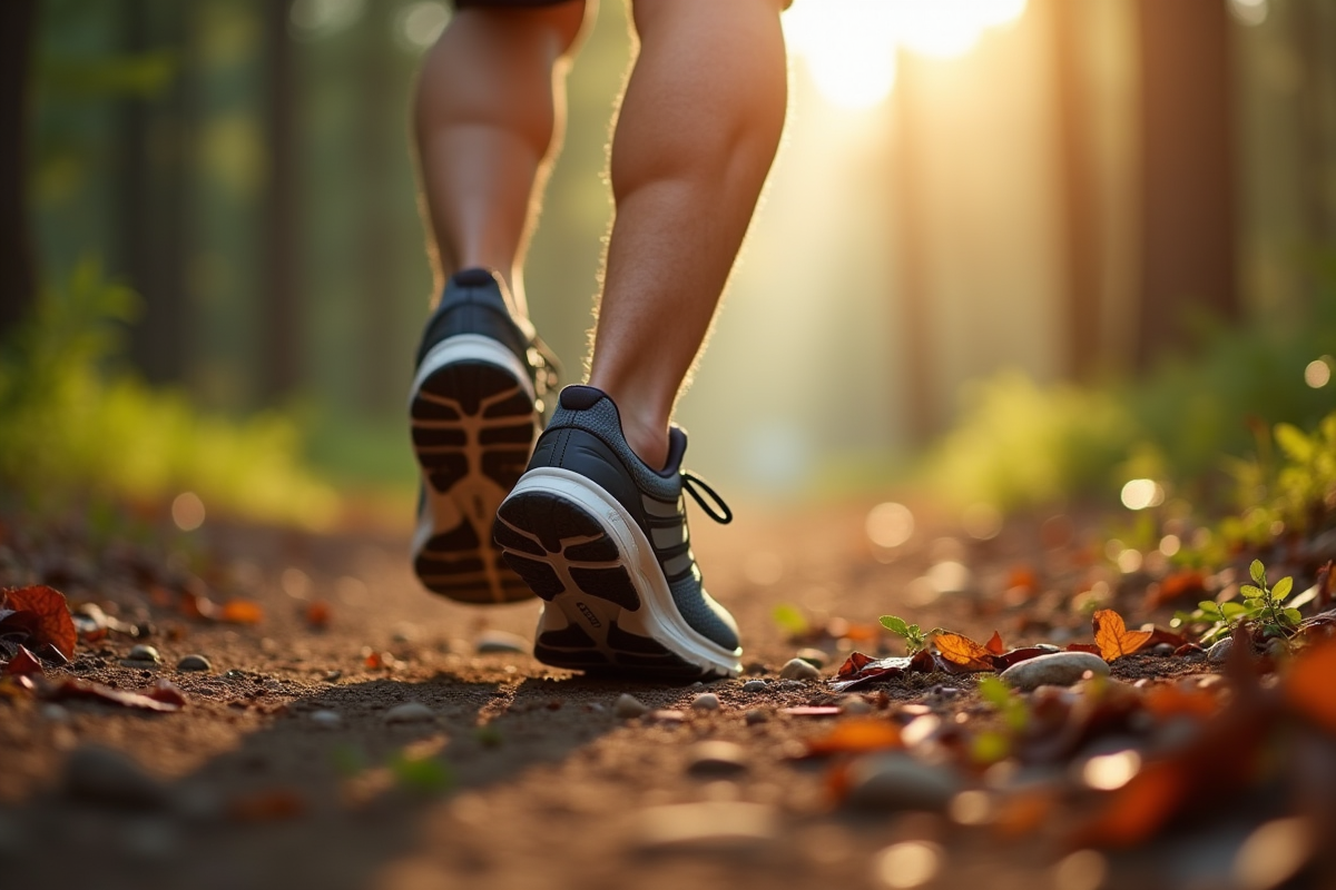 Zoom sur des pieds en chaussures de sport sur un sentier forestier
