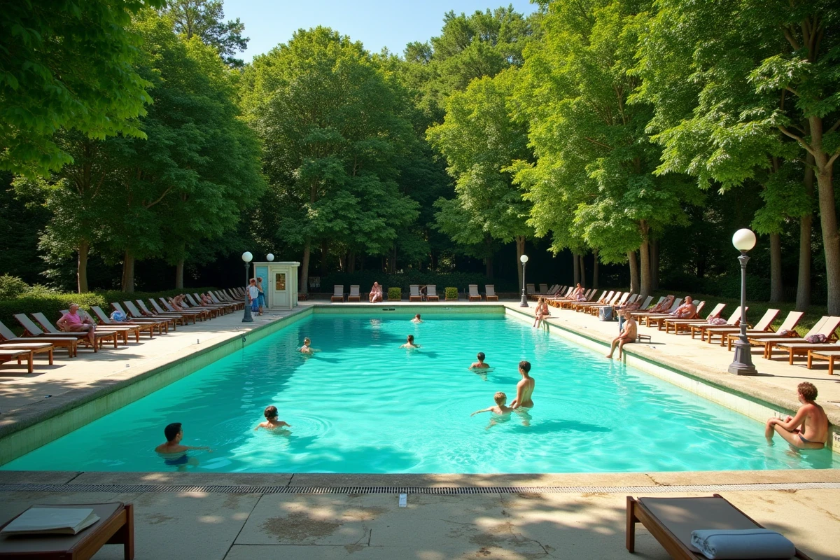 Bassin extérieur de la piscine Butte aux Cailles en été avec nageurs et transats autour du plan d'eau en plein air à Paris