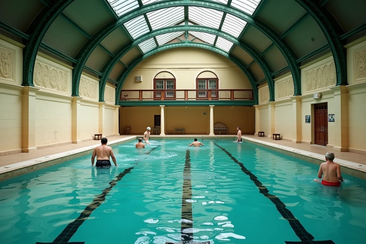 Intérieur historique de la piscine Butte aux Cailles avec bassin intérieur, nageurs et architecture en fer forgé du XXe siècle