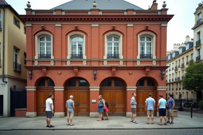 Façade extérieure de la piscine Butte aux Cailles à Paris, bâtiment en briques rouges avec file d'attente de visiteurs