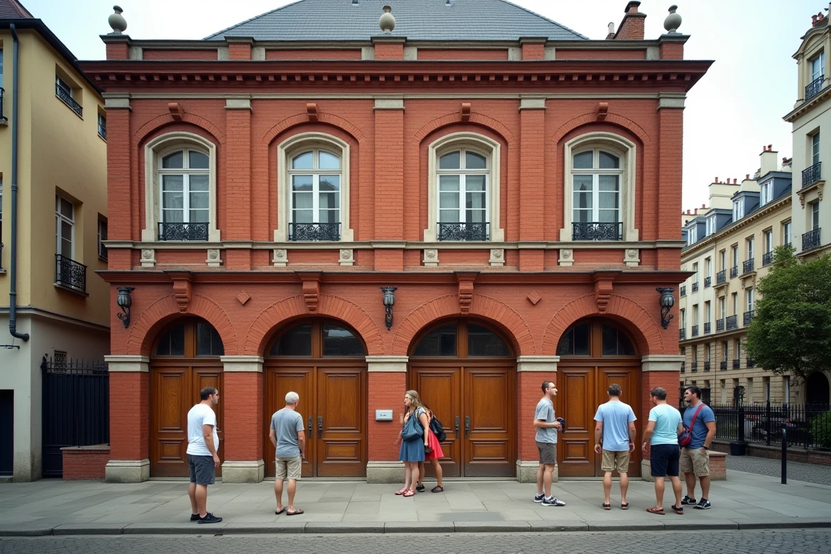 Façade extérieure de la piscine Butte aux Cailles à Paris, bâtiment en briques rouges avec file d'attente de visiteurs