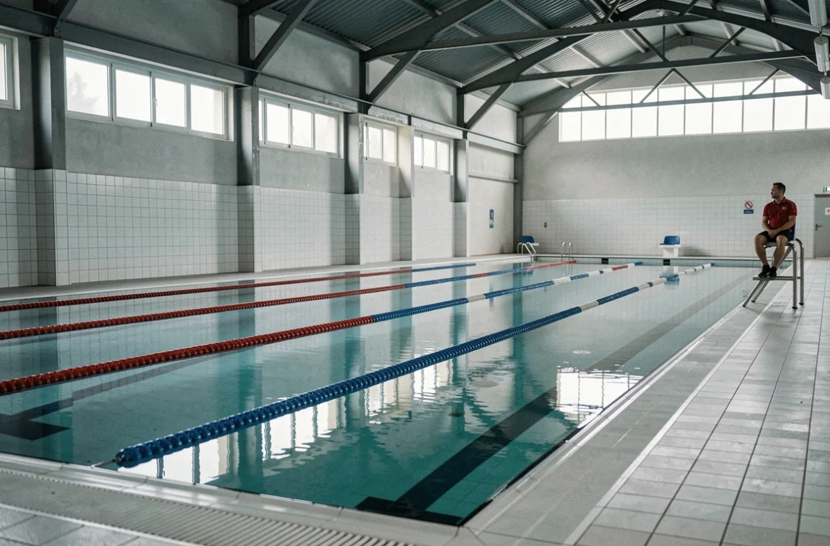 Vue panoramique d'une piscine municipale vide à Nantes en début de matinée, maître-nageur en surveillance