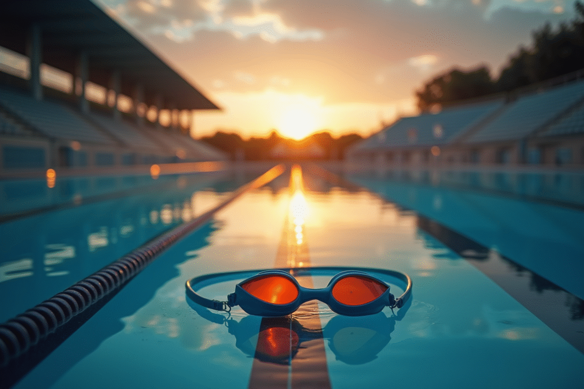 Piscine olympique vide au lever du soleil avec lunettes de natation