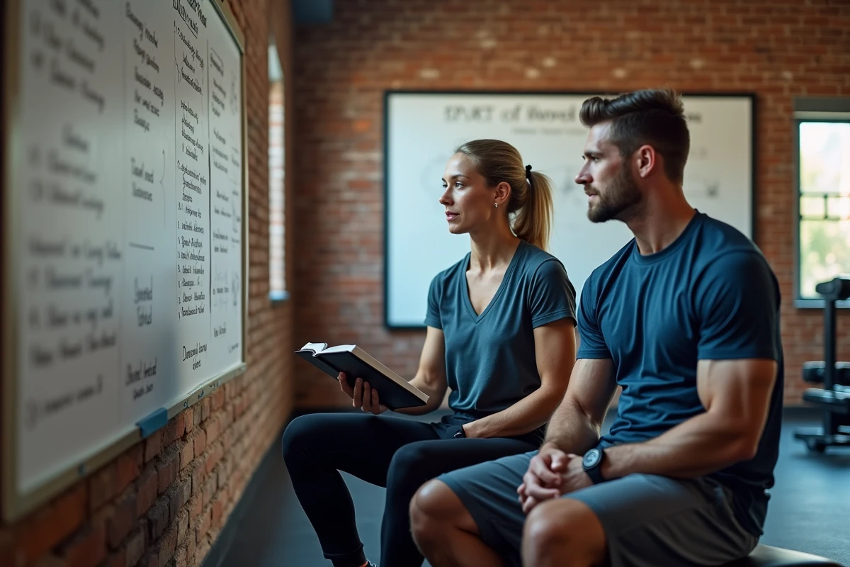 Deux sportifs débutants consultant un plan d'entraînement de callisthénie progressif dans une salle de fitness communautaire