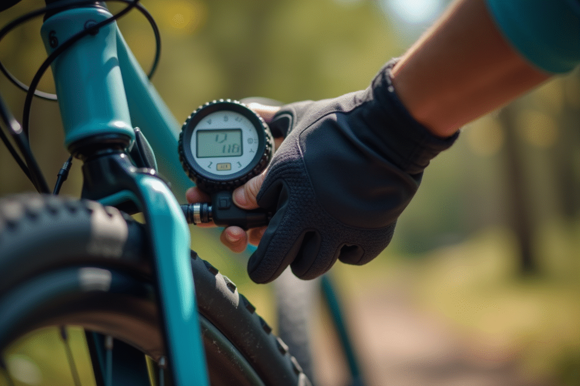 Vérification de la pression d'un pneu de VTT en extérieur